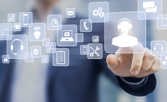 Technical support concept, business person touching helpdesk icon on screen, hotline assistance service available by phone, chat, email or online to solve incident with computer software, smartphone