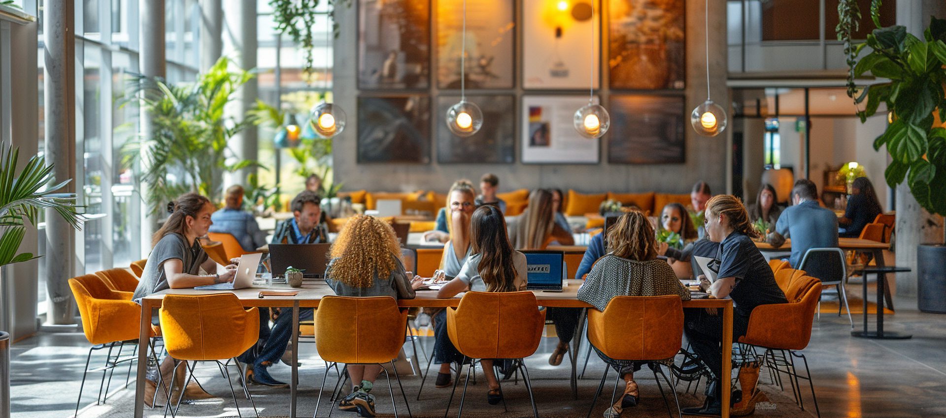 Colleagues collaborating in an open workspace