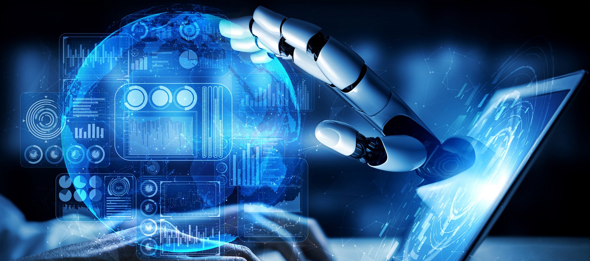 Robotic hand working over a digital analytics dashboard