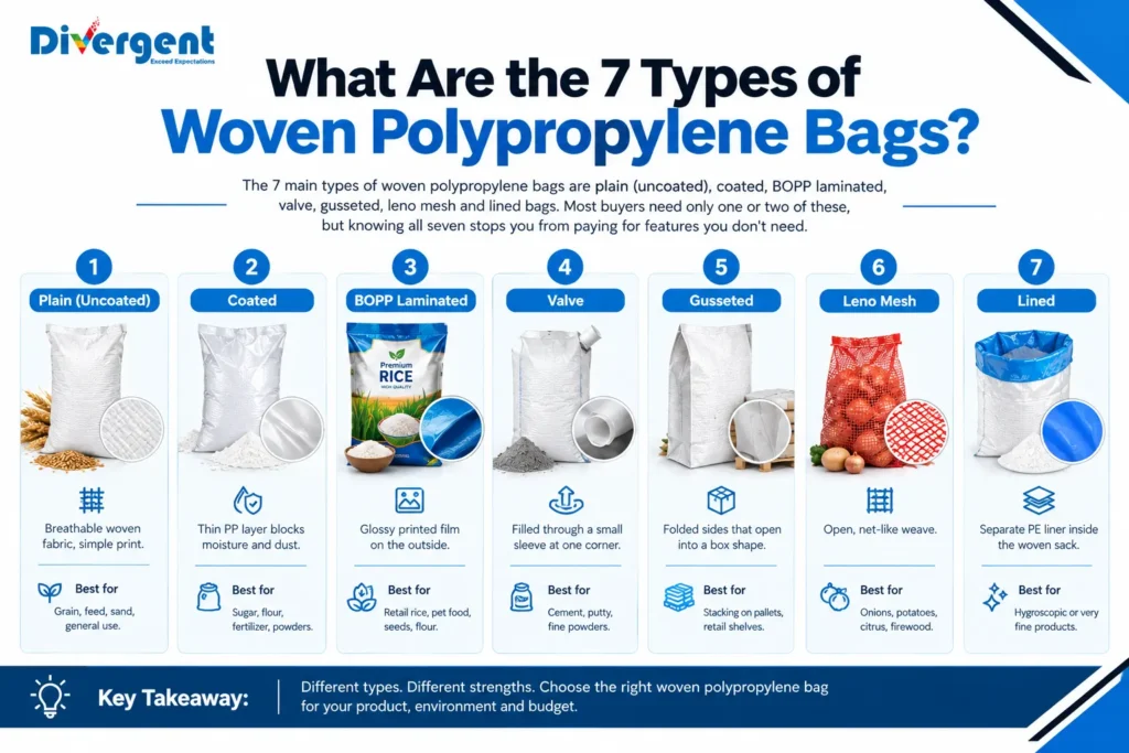 7 types of woven polypropylene bags including plain, coated, BOPP laminated, valve, gusseted, leno mesh, and lined bags