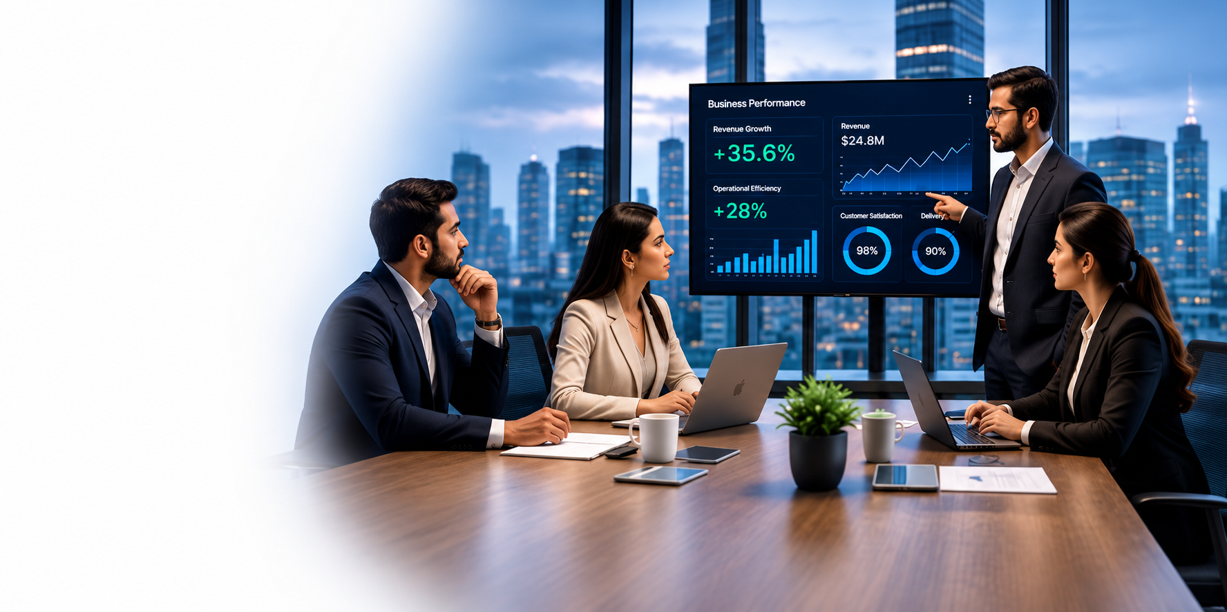 Business consulting team reviewing a live business performance dashboard during a strategy meeting