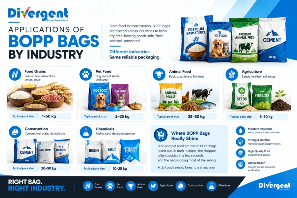Applications of BOPP bags for food grains, pet food, animal feed, agriculture, construction and chemicals