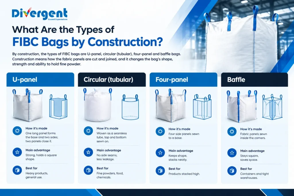 FIBC bag construction types infographic showing U-panel, circular, four-panel and baffle bag designs.