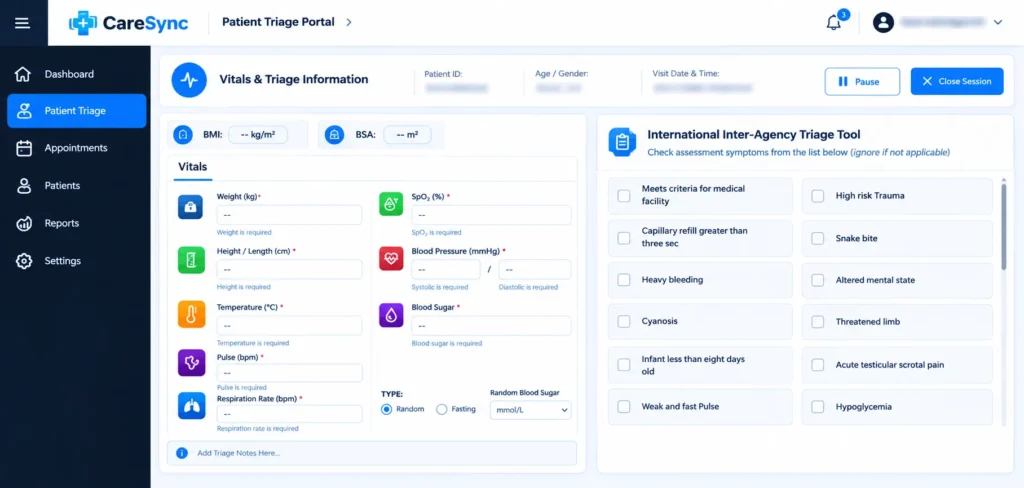 Hospital management dashboard for patient vitals and triage assessment