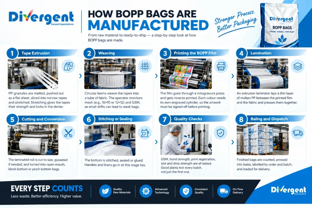 How BOPP bags are manufactured from tape extrusion and weaving to printing, lamination, quality checks and dispatch