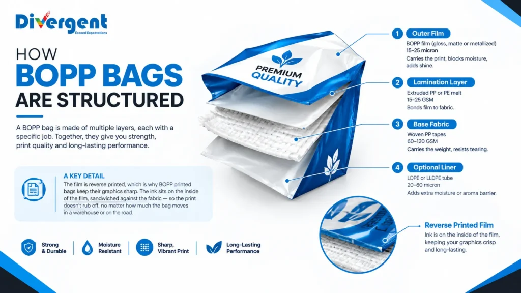 How BOPP bags are structured with BOPP film, lamination layer, woven PP fabric and optional liner