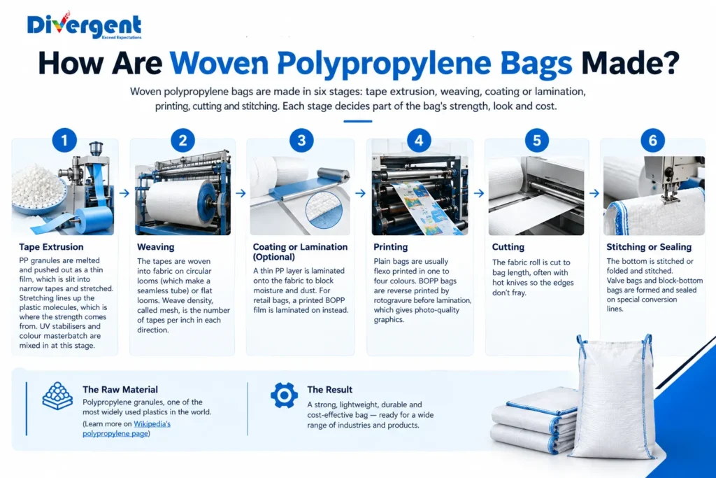How woven polypropylene bags are made through six stages from tape extrusion to stitching