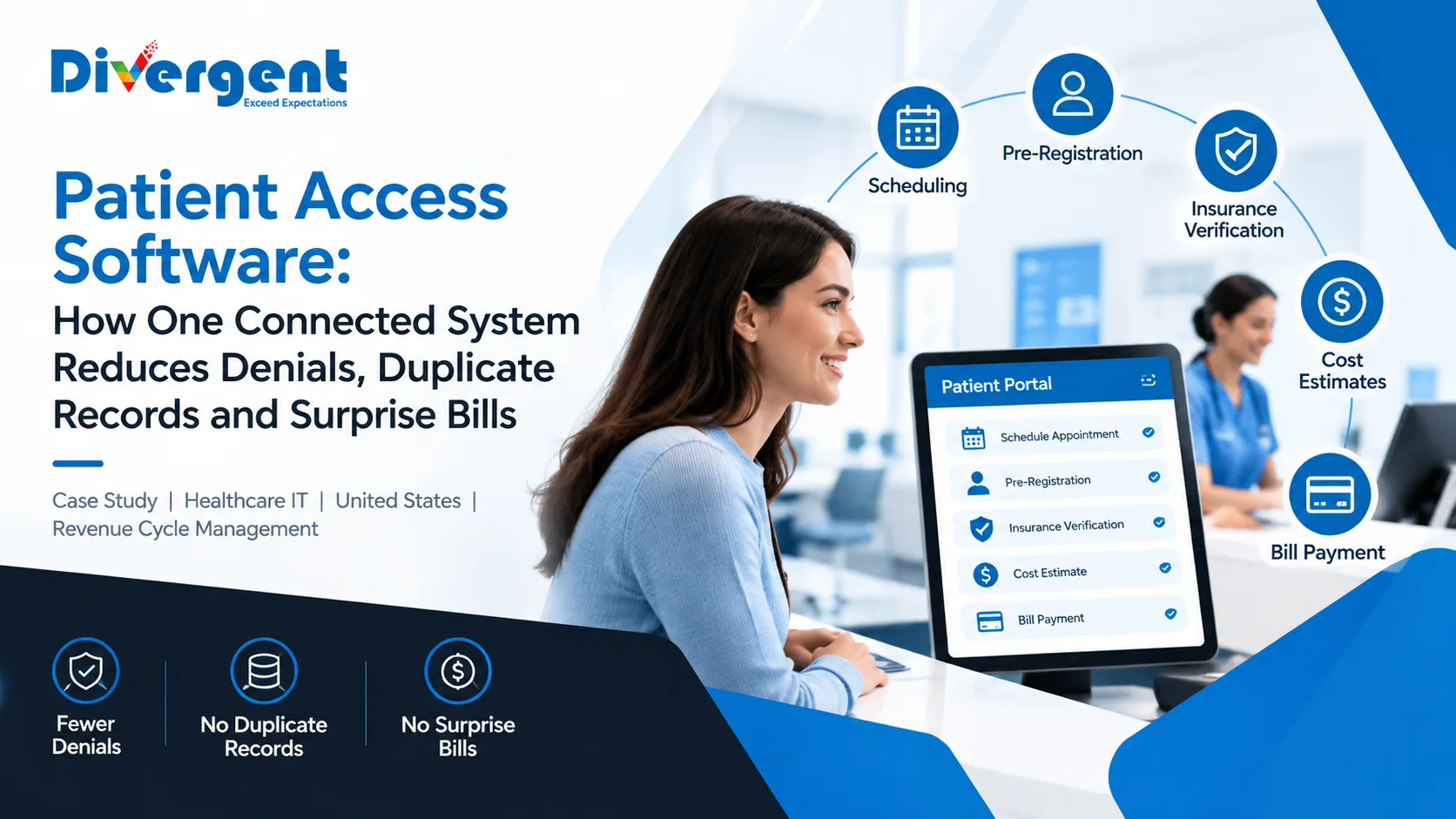 Patient access software connecting scheduling, insurance verification, cost estimates and bill payment