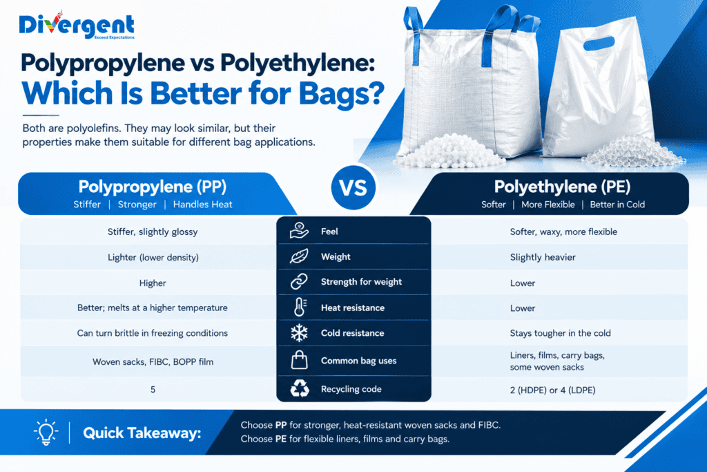 Polypropylene vs polyethylene bags comparison showing PP and PE properties, uses, strength, heat resistance, and recycling codes