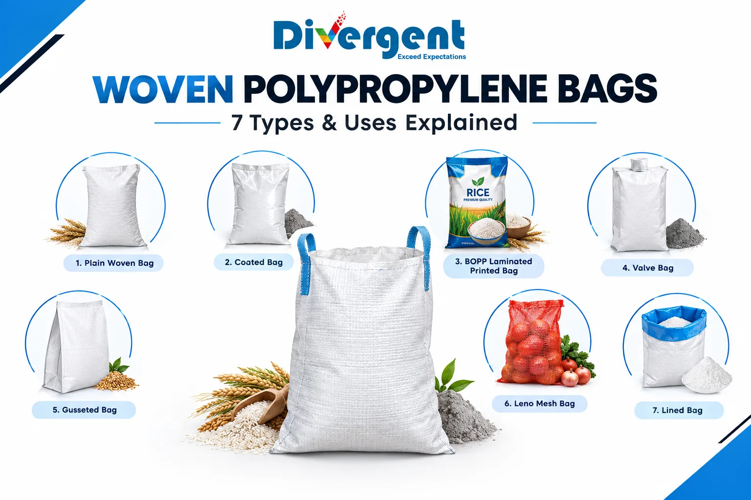 Woven polypropylene bags showing 7 types including plain, coated, BOPP laminated, valve, gusseted, leno mesh and lined bags
