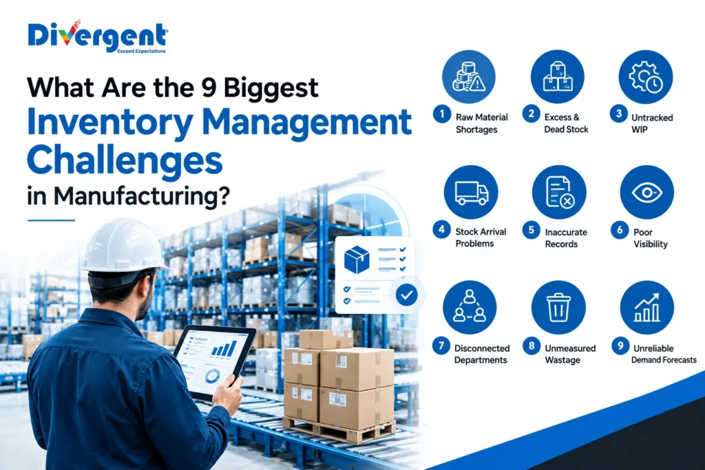 9 inventory management challenges in manufacturing infographic]