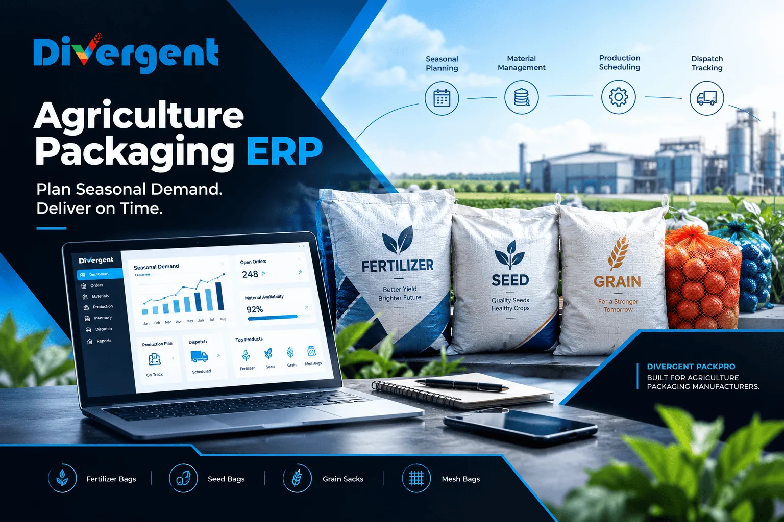 Agriculture packaging ERP software for seasonal demand planning, inventory management, production, and dispatch.