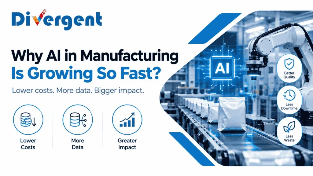 AI in manufacturing with robotic automation, AI-powered quality inspection, reduced downtime, and less material waste.