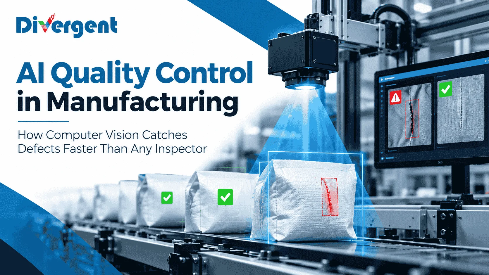 AI quality control in manufacturing using computer vision to detect product defects on a production line faster and more consistently than manual inspection.