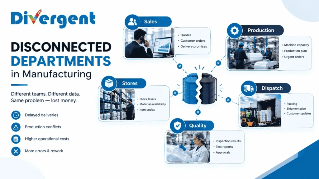 Disconnected departments in manufacturing showing communication gaps between sales, production, stores, quality and dispatch, and how manufacturing ERP software helps connect operations.