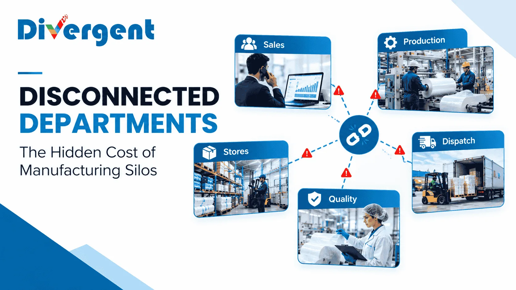 Disconnected departments in manufacturing illustrating communication gaps between sales, production, stores, quality and dispatch.