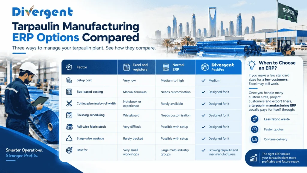 Comparison of Excel, conventional ERP and Divergent PackPro for tarpaulin manufacturing, including costing, cutting planning, stock management and wastage tracking.